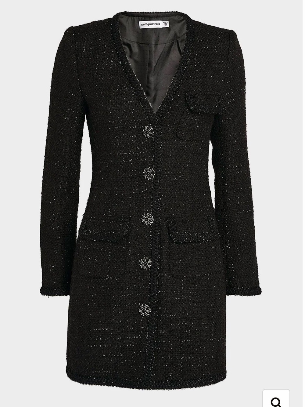 Self-Portrait Boucle Black Tweed Blazer Dress with Decorative Buttons